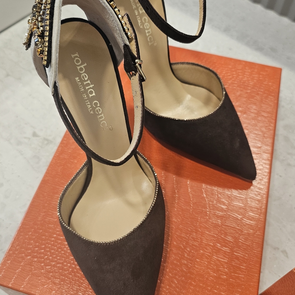 Roberto Cavalli Women’s Brown and Cream Embellished Suede Heels - Picture 8 of 16